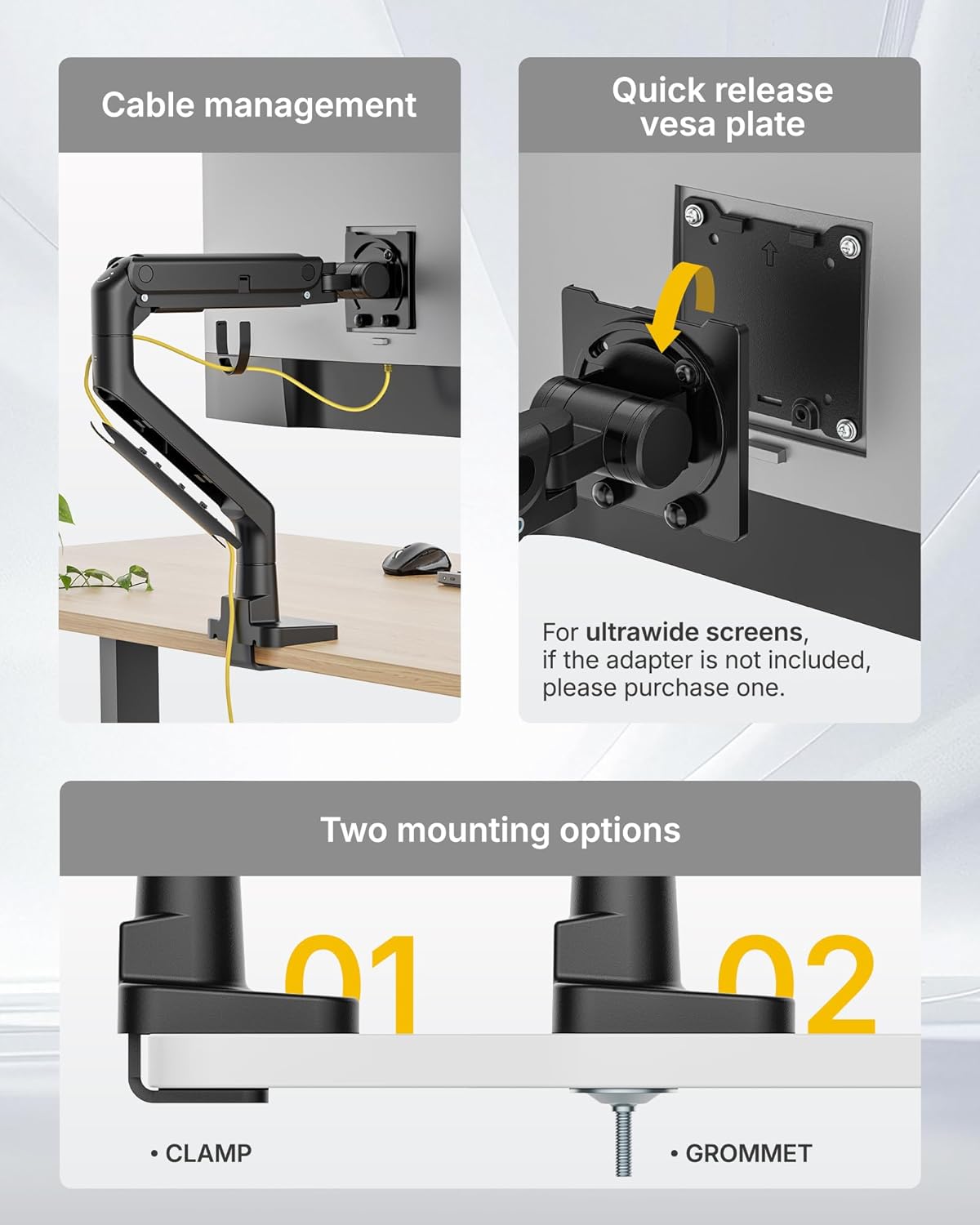 monTEK Single Monitor Arm with USB A/C, Ultrawide Monitor Stand for 17 to 57 Inch Curved Screen, Holds 59.4 lbs, Adjustable Gas Spring Arm, 75/100 VESA Mount, Clamp & Grommet Desk Mount, Black