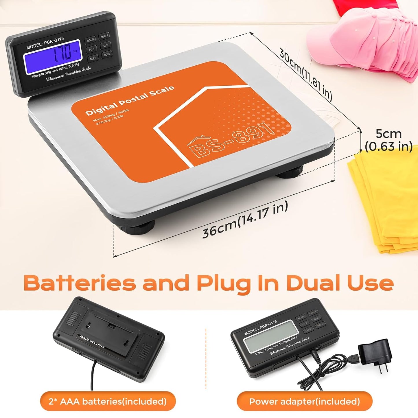 Bonvoisin Postal Scale Digital 300kg/ 660lb Parcel Shipping Scale kg/oz/lb Switchable, Heavy Duty Package Scale for Weighing Boxes/Luggage with Stainless Steel Platform 4 AA Batteries & Power Adapter