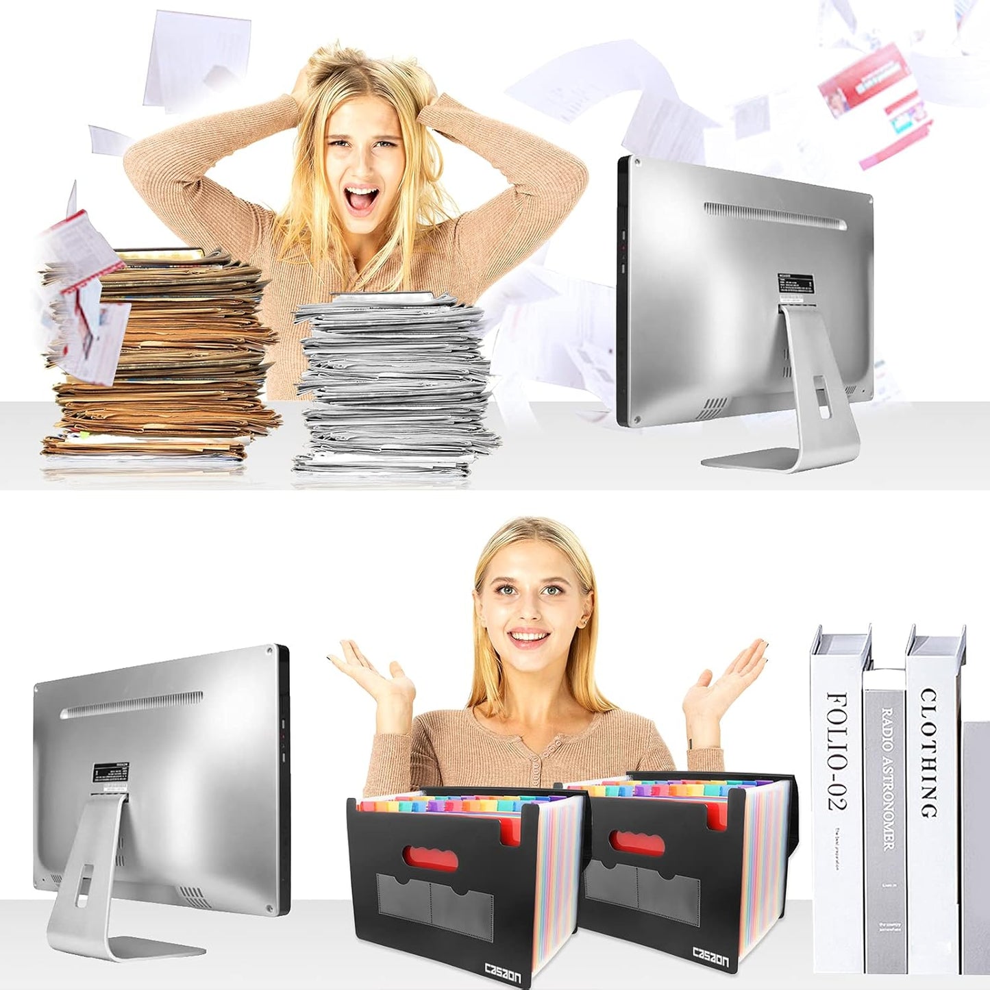 2 Pack Accordian File Organizer, Expanding File Folder 24 Pockets with Expandable Cover A4 Letter Size File Box, Portable Document Organizer - Black