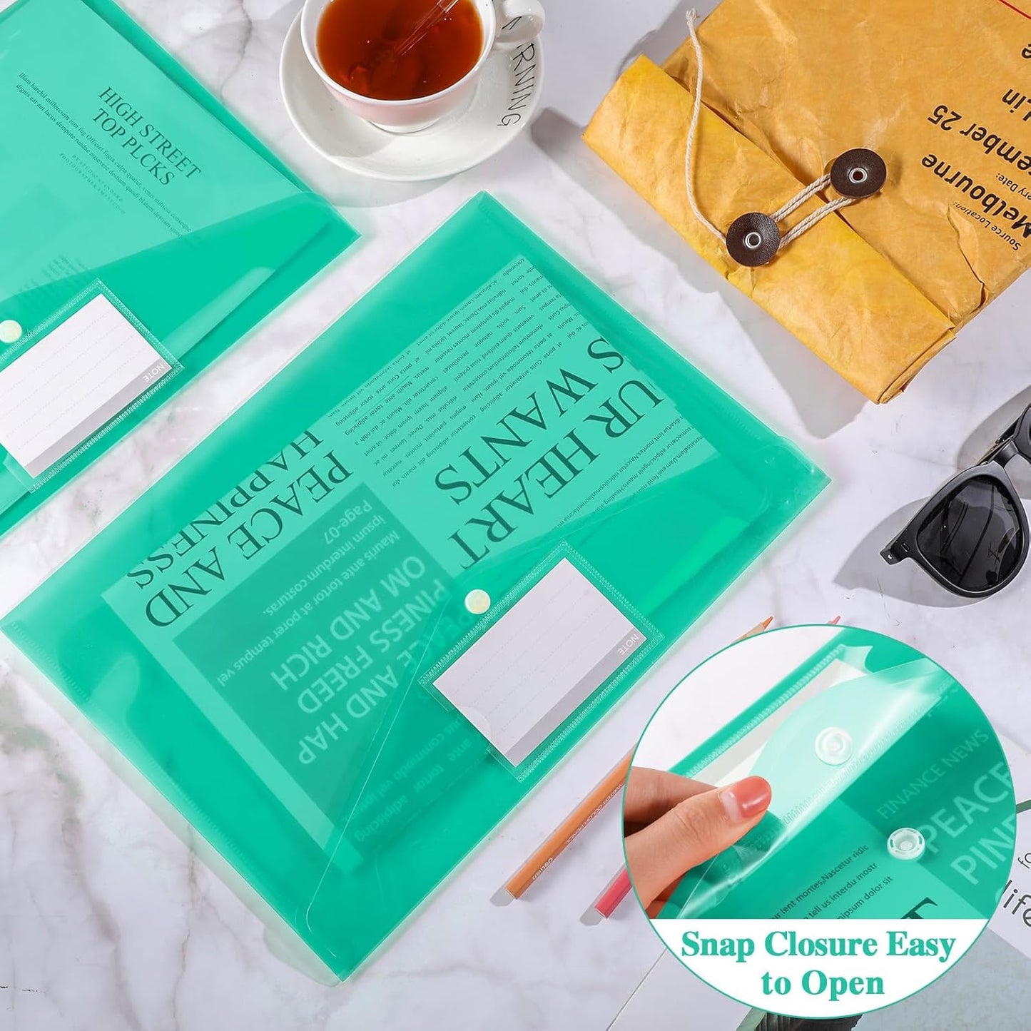 Lincia 24 Pcs Plastic Envelopes A4 Size Poly Envelopes File Folders Work Document Holder Office Paper Plastic File Organizer with Label Pocket Snap Button Home File Bag for School (Clear Green)