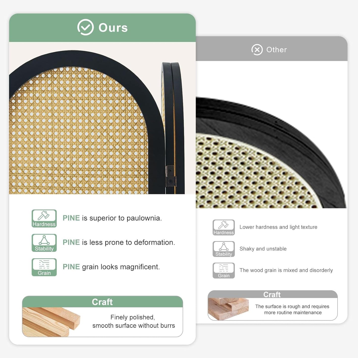 Room Divider and Folding Privacy Screens, Pine Wood 5.6 Ft Double Hinged Rattan Partition Freestanding Wall Room Divider for Home - 3 Panels