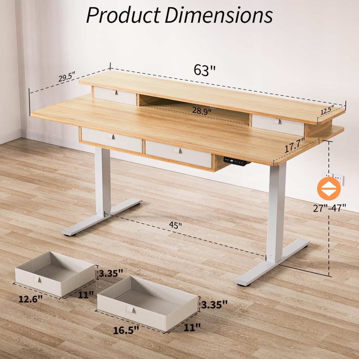 Standing Desk with Fast Charging USB Ports, 63" x 30" Height Adjustable Home Office & Gaming Desk, Sit Stand Desk with Built-in Storage Shelf, Hook & Ergonomic Design(Maple)