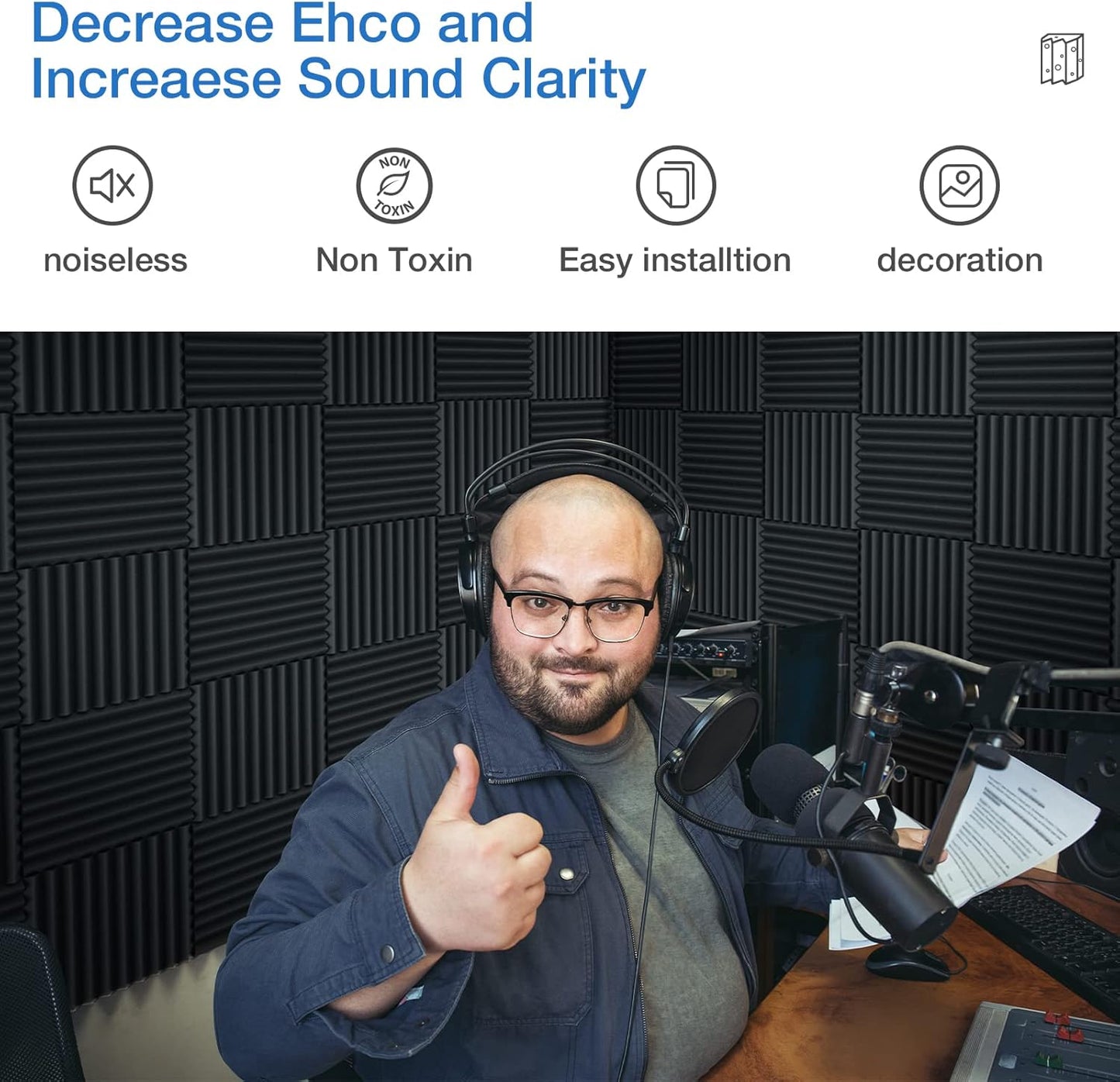 24 Pack Self-Adhesive Acoustic Panels - 2"X 12"X 12"Wall Panels - Quick-Recovery and High Density Sound Panels - Sound proof Acoustic Foam for Home Studio - Gray