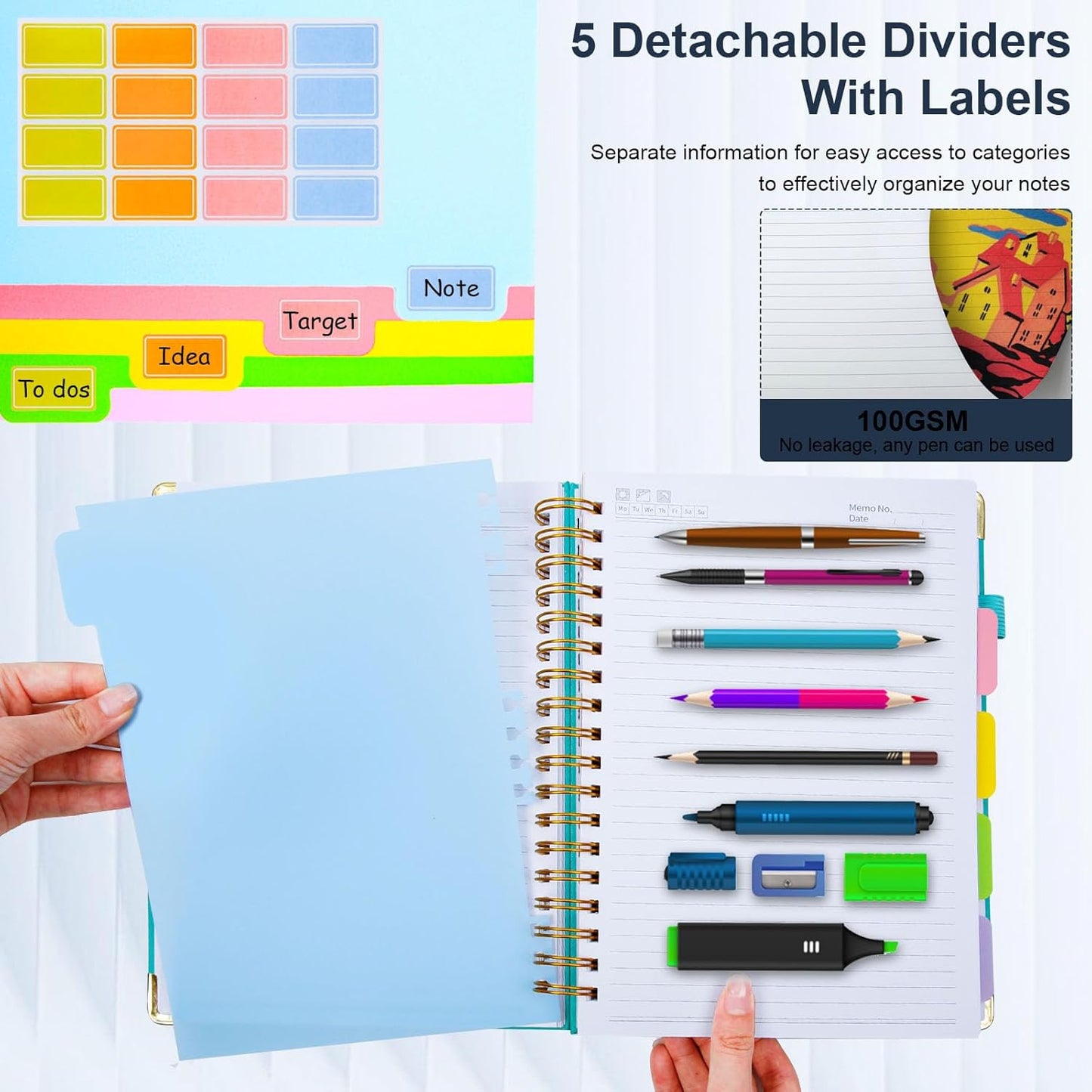 Hardcover Spiral Notebook 8"x10" Journal Notebook with Tabs and Removable Dividers 300 Pages 5 Subject Notebook College Ruled, Faux Leather Spiral Bound Notebook for Women, Students, School Work (Dark Blue)