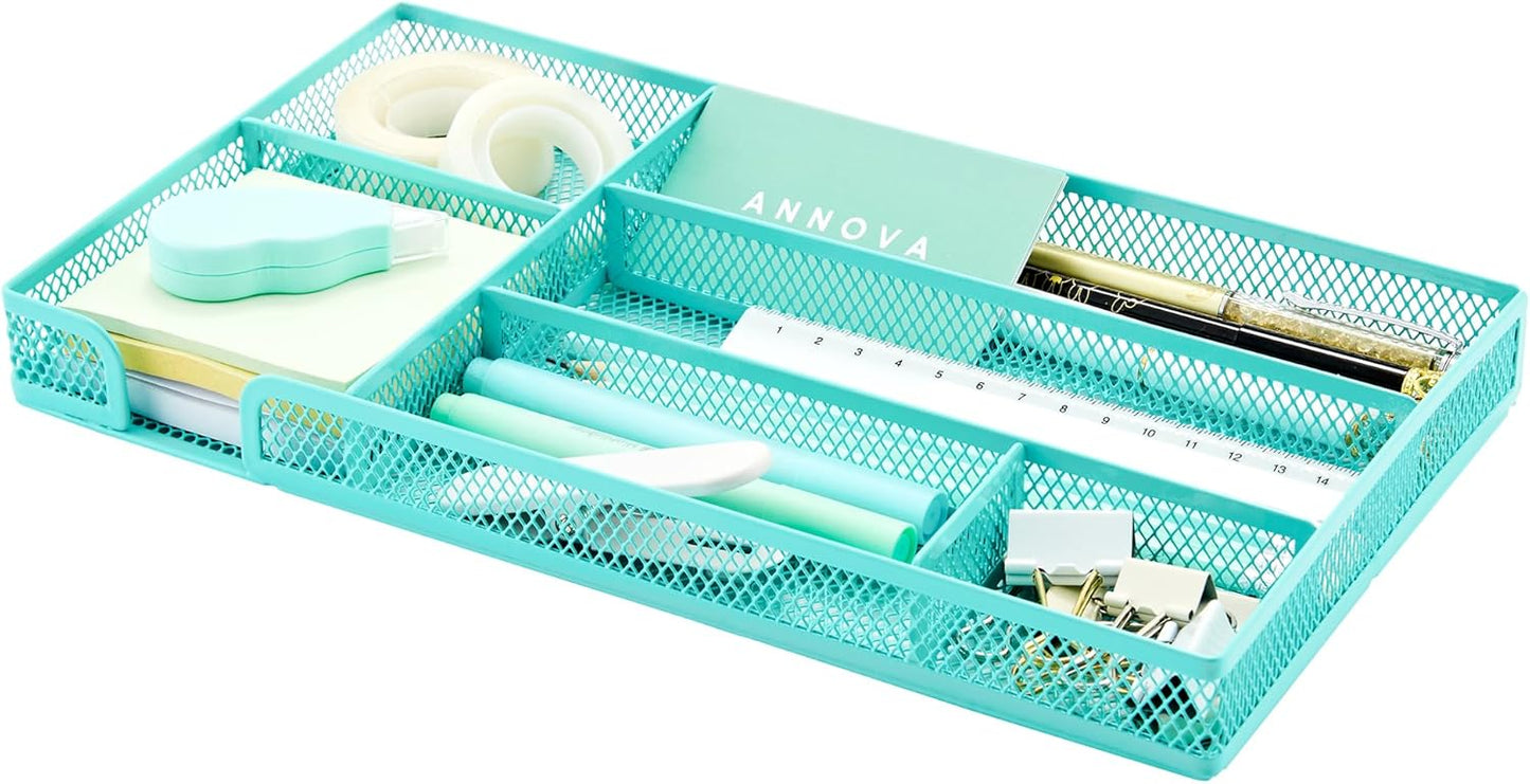 Annova Desk Drawer Organizer Tray for Office Organization - Metal Mesh - Storage Tray with Dividers for Pens, Desktop Accessories, Bathroom, Kitchen, Makeup and Office Supplies (Small, Turquoise)