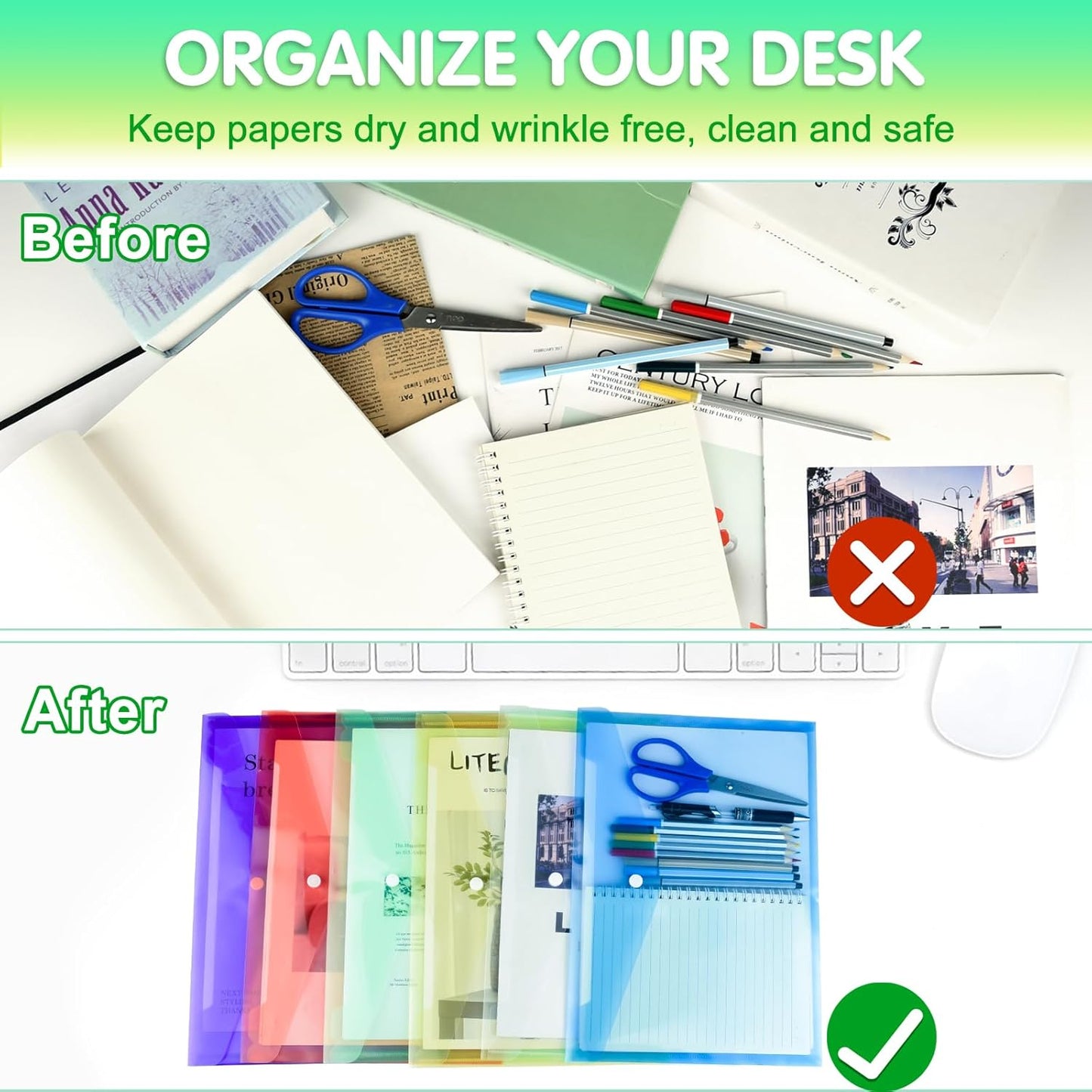 NACHLYNN 48pcs Plastic Envelopes Poly Envelopes with Snap Closure A4 Size Clear Document File Folders Organizers Assorted Color Envelope for School Office Supplies