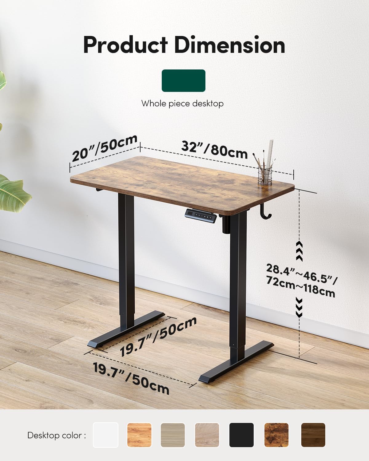 FEZIBO One-Piece Standing Desk Adjustable Height Stand up Home Office Desk, 32x24 Inch Electric Standing Computer Desk, with 4 Memory Presets, Fixable casters, Rustic Brown