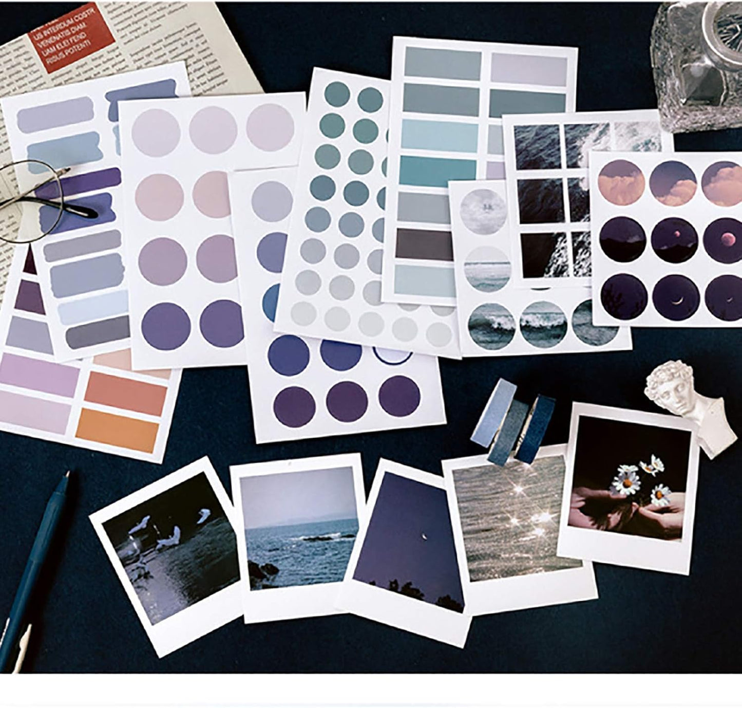 MAXLEAF 64PCS Literary Vintage Ins Style Scrapbook Bullets Journals Decoration Material Pack for DIY Scrapbook Album Decoration with Poster Tapes Stickers (Blue)