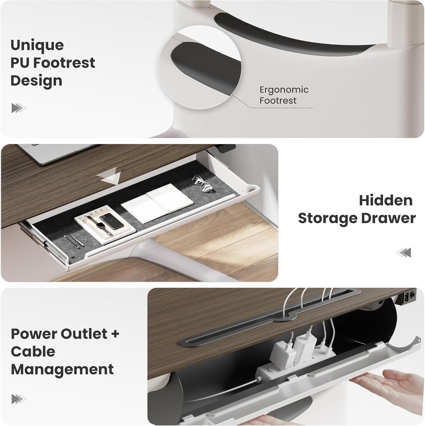 COLAMY Electric Standing Desk, Whole-Piece Gaming Desk with Dual Motors, Ergonomic Footrest, Drawers for Storage, Adjustable Height Sit-Stand Desk for Home Office (Veneer Desktop, Walnut + White)