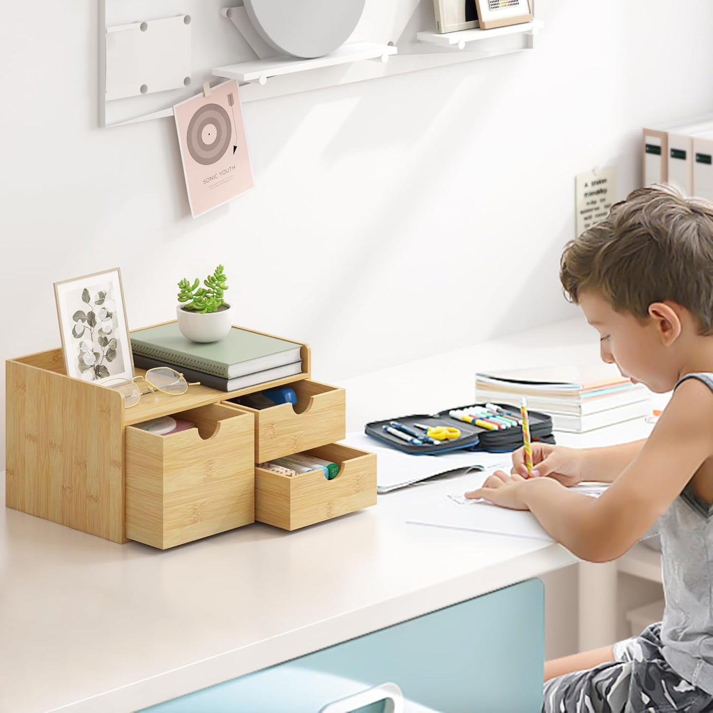 Wisuce Bamboo Desk Drawer Organizer, 3 Drawer Desktop Organizer with Drawers Tabletop Storage Organization Box for Office Home Toiletries Supplies Vanity, No Assembly Required