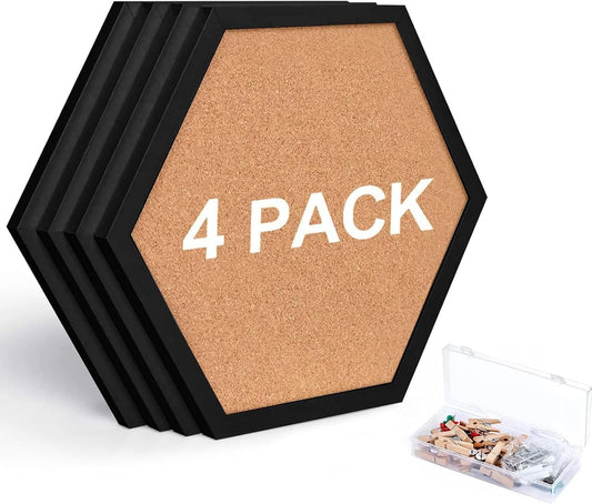 Cork Bulletin Board Hexagon Black, Small Framed Corkboard Tiles for Wall, Thick Decorative Display Boards for Home Office Decor, School Message Board with 16 Push Pin Wood Clips (4 Pack)