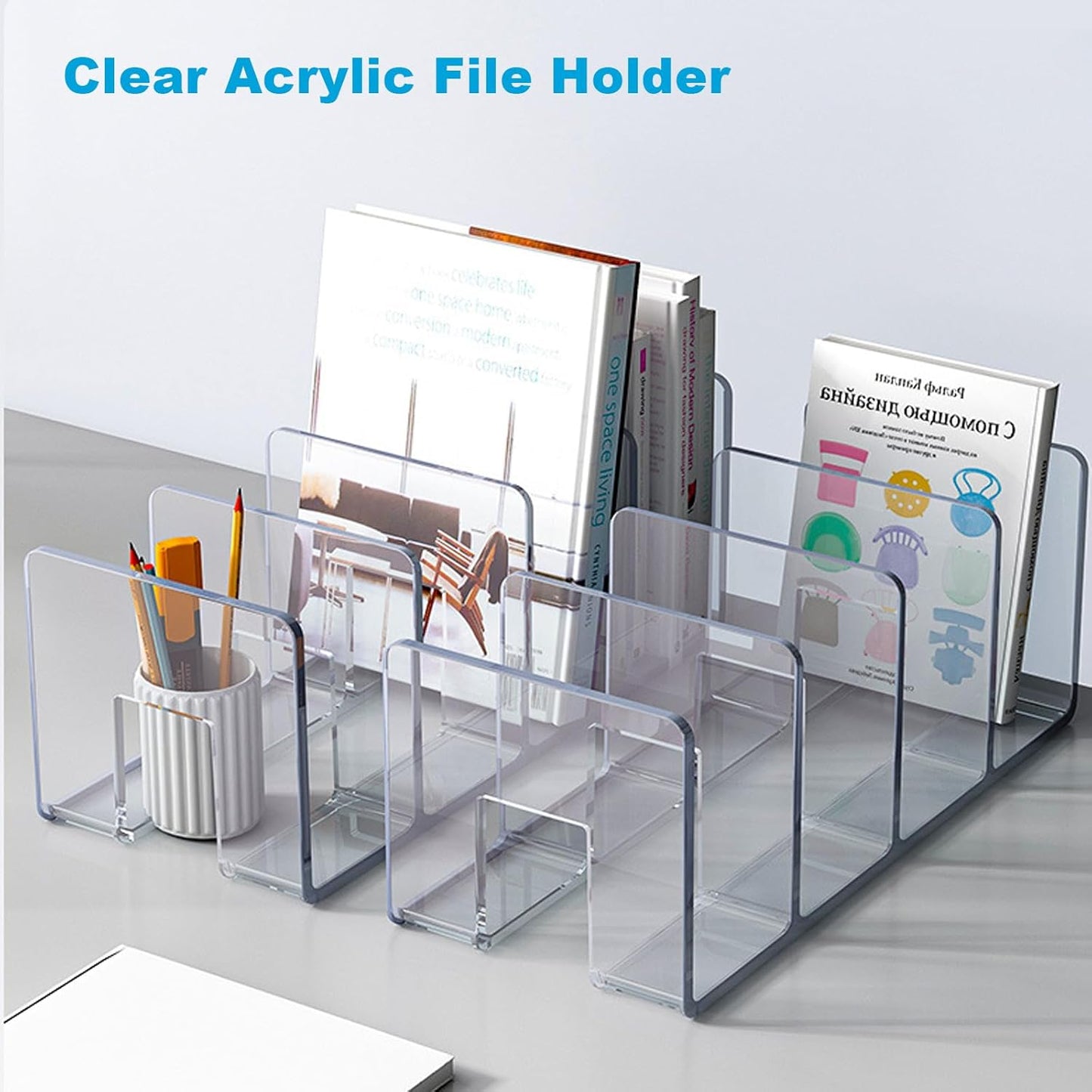 Marte Vanci Clear Acrylic File Sorter, Sturdy Desk File Organizer Shelf Book Holder Purse Handbag Clutch Divider File Folder Rack for Letter Cookbooks Home Office Kitchen Supplies 4 Sections (4 Pcs)