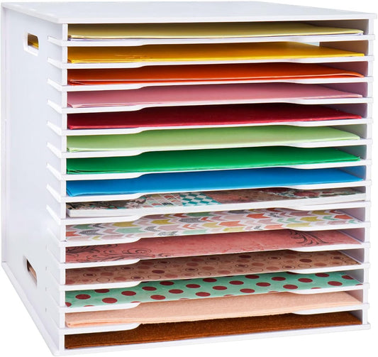 SANFURNEY Scrapbook Paper Organizer for Sizes 12" x 12", 15 Slots File Sorter Storage, Document Holder, Desktop Scrapbook Paper Organizer Rack for Home Office School (White, 15 Slots - Standard Size)