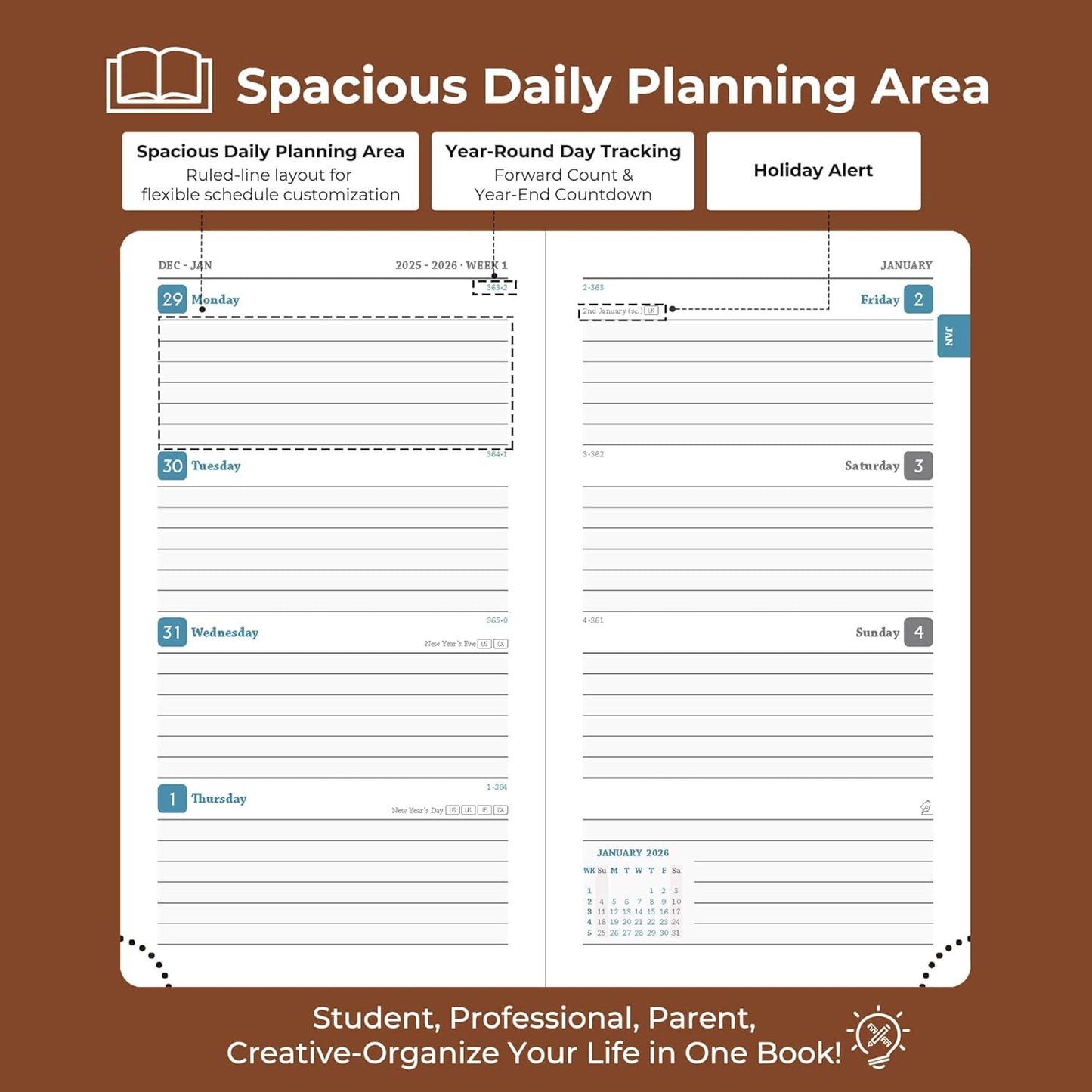 Planner 2026 Daily Weekly and Monthly,6.5"x3.75",12 Months Spiral Bound Calendar Agenda with Self-adhesive Pen Holder,2026 Appointment Book with Vegan Leather Soft Cover,Brown