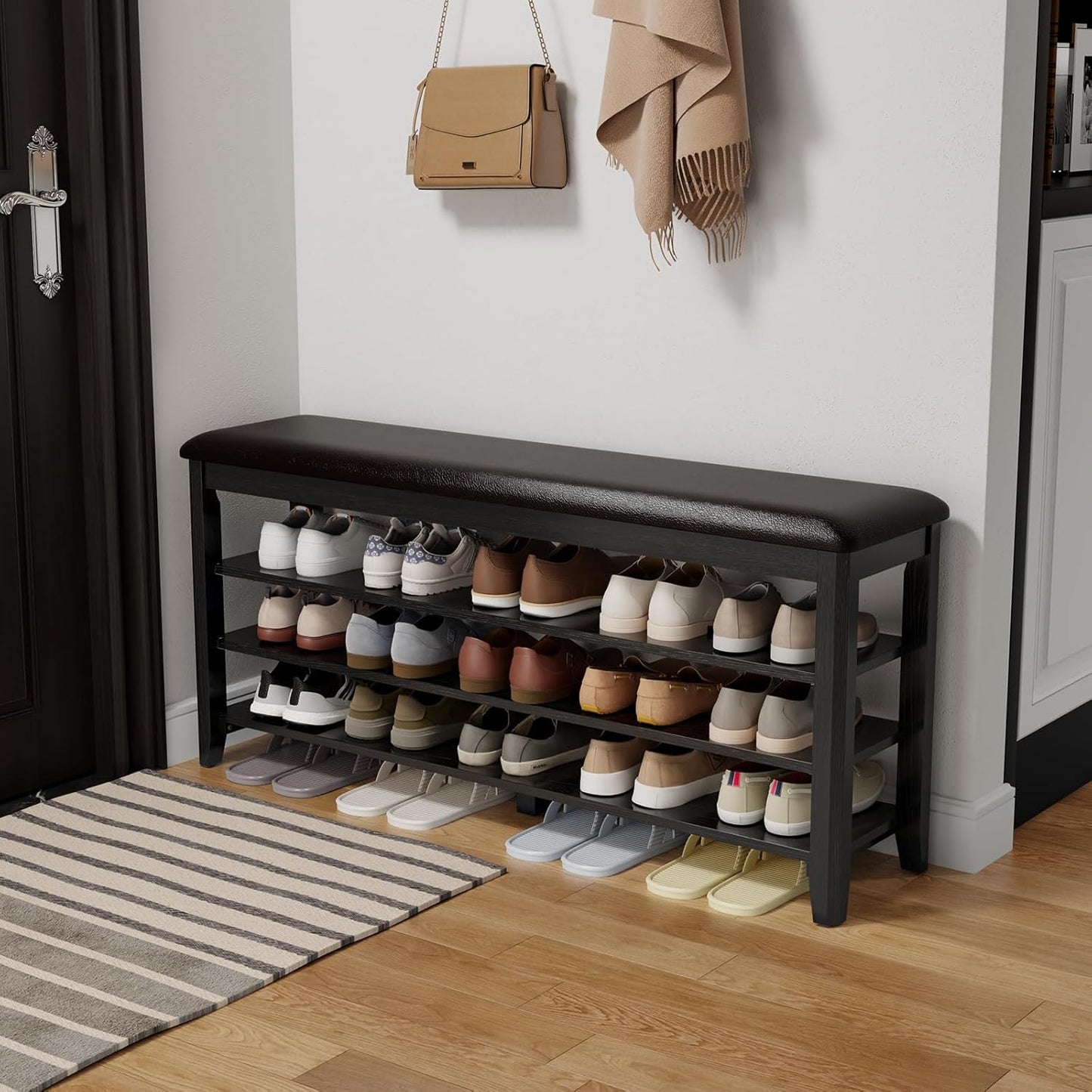 Shoe Bench with Leather Cushion, 3 Tiers Shoe Storage Bench Height Adjustable, Walnut Wood Entryway Bench for Hallway, Mudroom