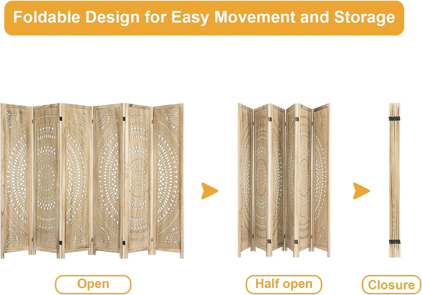6 Panel Handcrafted Carved Room Divider Screen, 360° Adjustable Wood Folding Privacy Screens for Room Separation, 66.9 Inch Partition Room Dividers for Home Bedroom Office, Natural