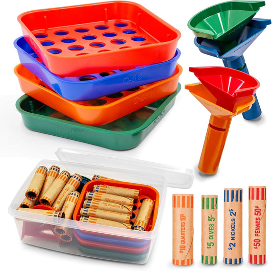 Coin Sorter Tube & Coin Sorter Tray - 4 Color Coded Coin Separator Trays and Coin Sorters Tubes Bundle with 72 PCS Preformed Coin Wrappers