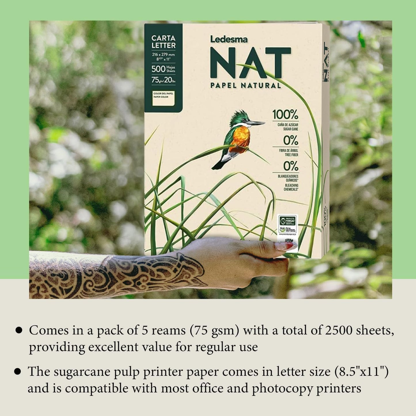 Letter Size 8.5"x11" Sugarcane Pulp Printer Paper - 75 GSM, Unbleached Paper Multipurpose Copy Printer Paper - for All Office & Photocopy Printers, Designs, Crafts (5 Ream)