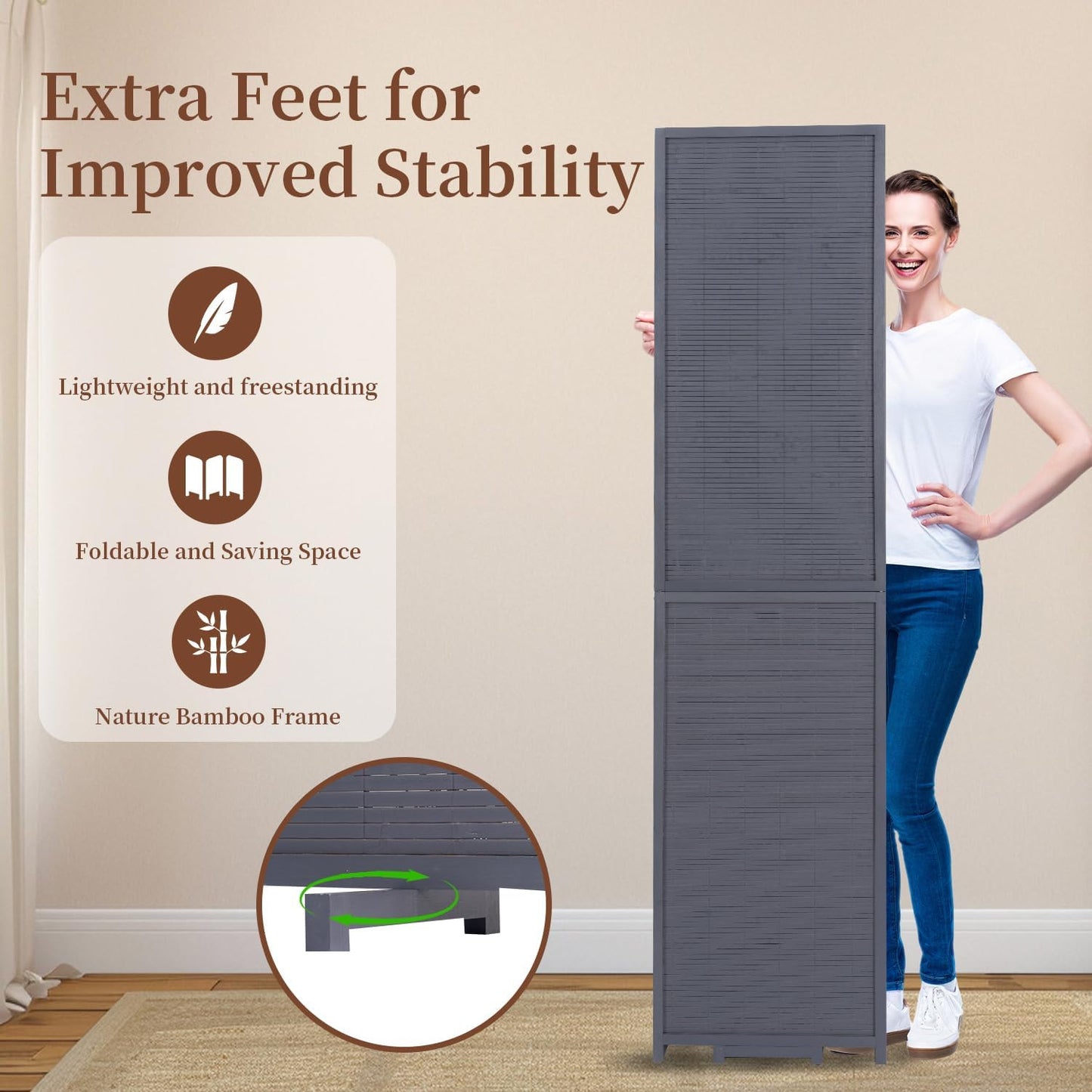 Bamboo Room Divider 8 Panel Wall Divider, 142'' W x 67'' H Folding Design with Extra Stable Base, 100% Bamboo Room Divider Screen for Room Separation, Chinese Room Partitions and Dividers Freestanding