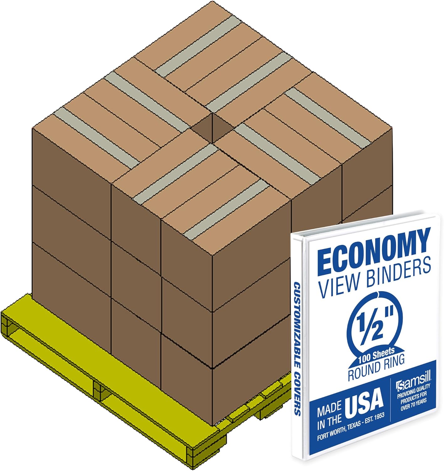 Samsill Economy 0.5 Inch 3 Ring Binder Bulk Pallet, Made in The USA, Round Ring Binder, Customizable Clear View Cover, White, Pallet of 768 Binders in 32 Cartons