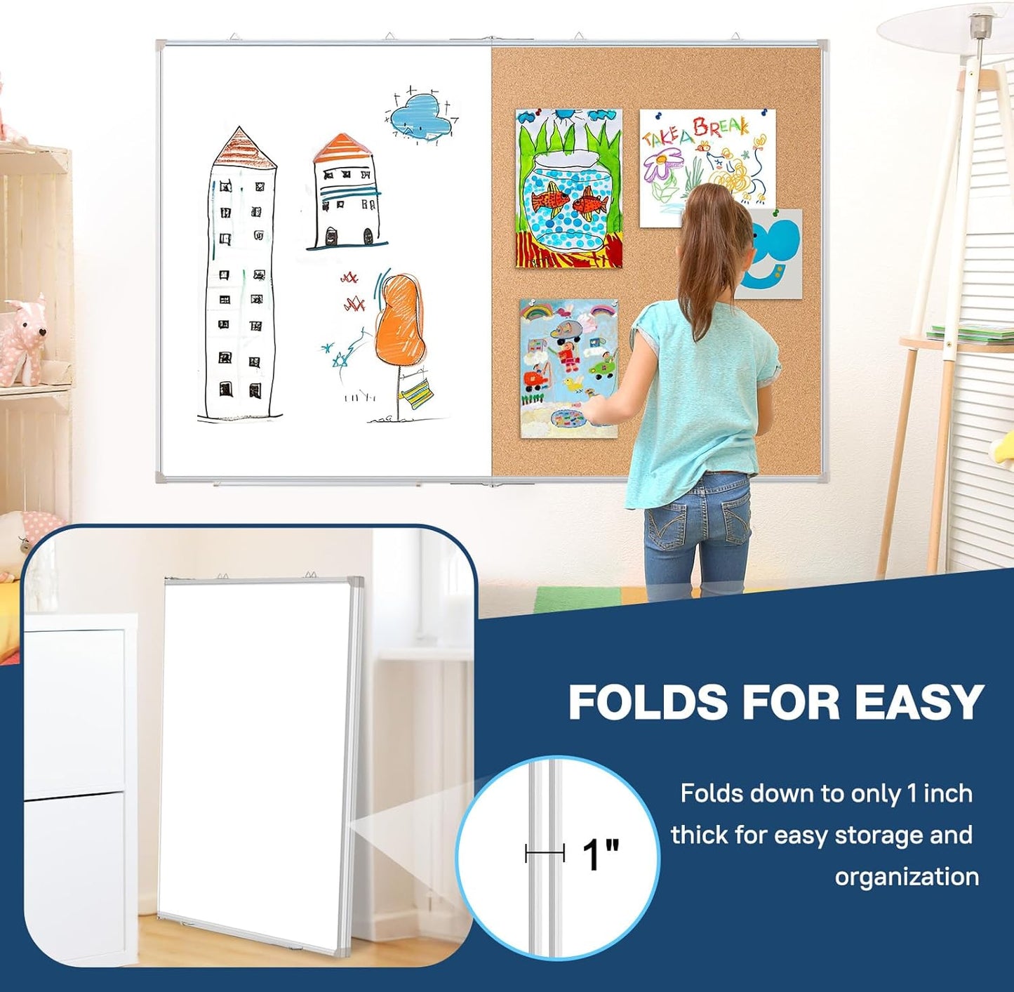 Large White Board Dry Erase Foldable Cork Board Combo, 60" x 40" Double Sided Dry Erase Board for Wall, Magnetic Whiteboard Cork Board Combination for Office, Home, School, Kitchen