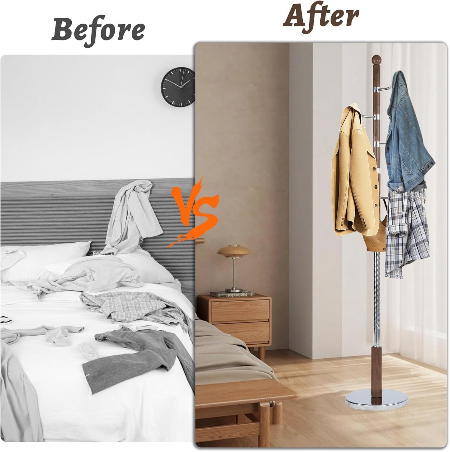 Wooden Coat Rack Freestanding with Resin Hooks, Adjustable Heavy Duty Stand for Hanging Coats, Bags, Hats, and Umbrellas in Living Room, Bedroom, Entryway (Cherry color-metal)