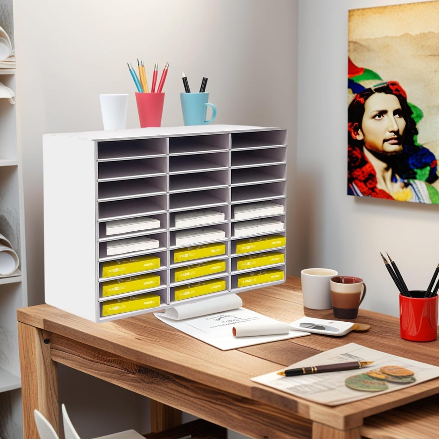 Literature Organizer - 27 - Slot Desktop File Sorter & Mail Center, Paper Storage Cabinet for Home, School & Office（White）