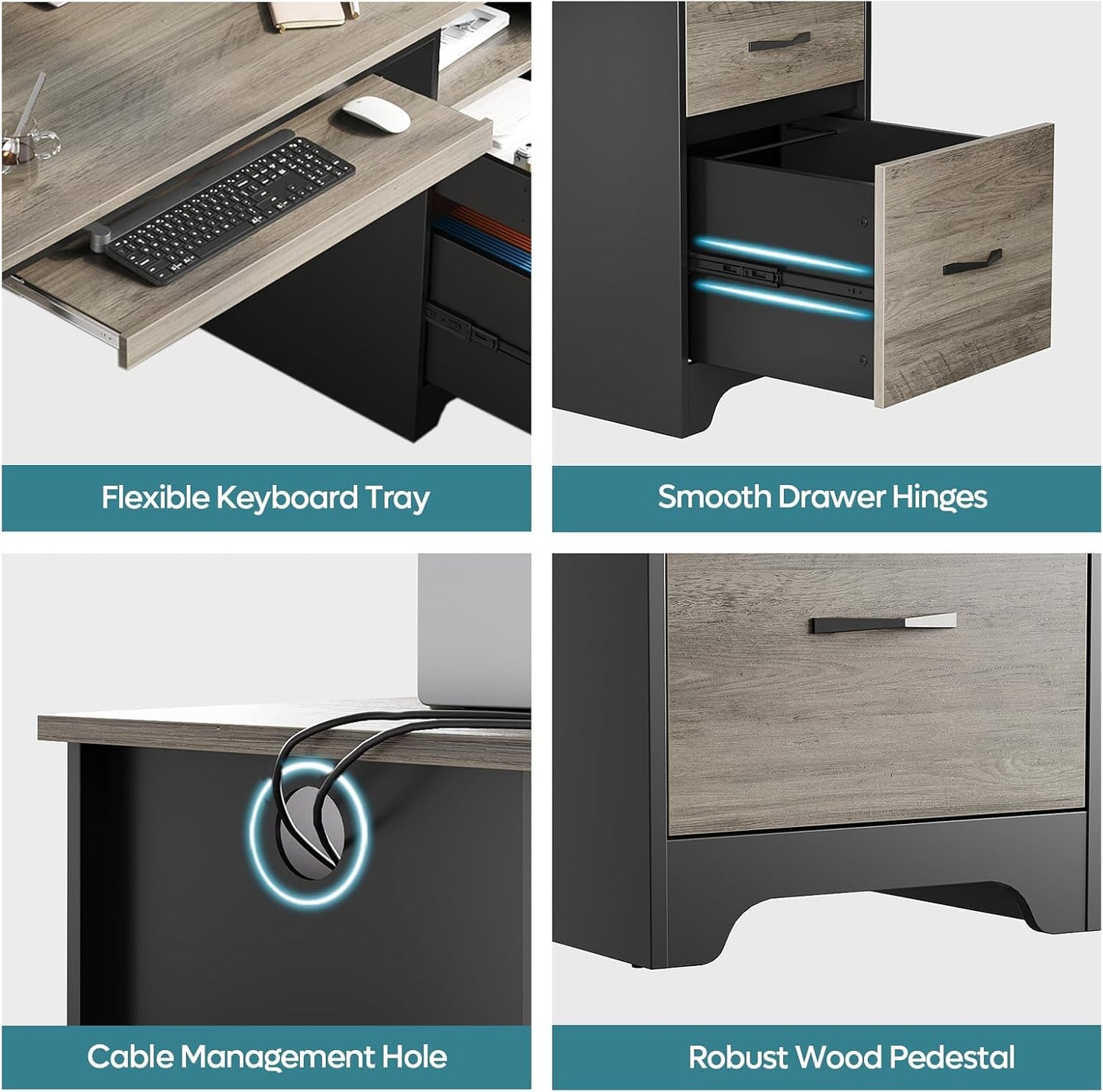 Bestier 48” Computer Desk with Drawers, Office Desk with Storage, Industrial Wood Writing Desk with File Drawer, Keyboard Tray & 2 Hooks for Home Office & Studio, Gray