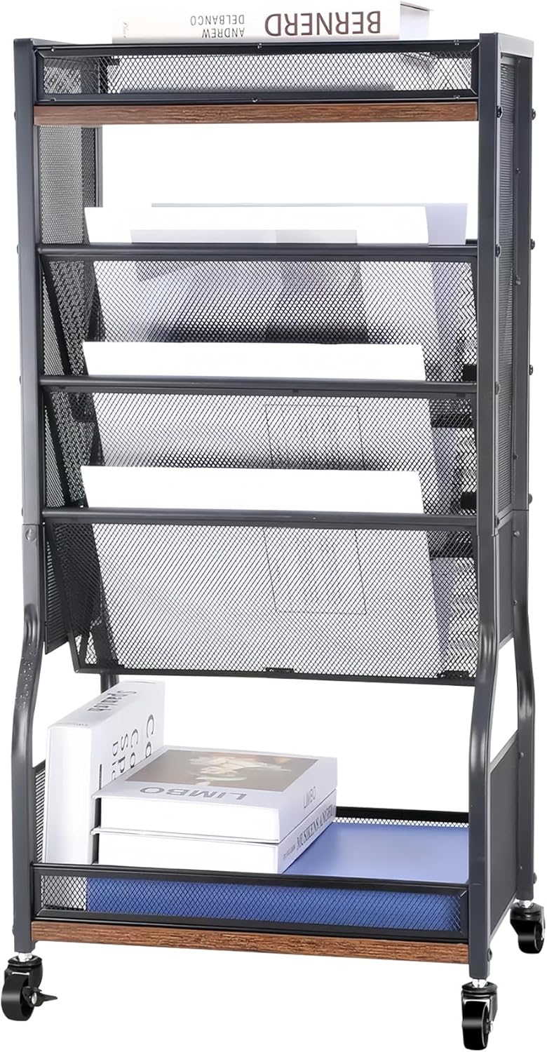 8-Tier Rolling File Cart with Lockable Wheels, Dual-Sided Bookshelf and Storage Racks, Easy to Assemble Space-Saving Utility Organizer for Home, Office, Classroom, School, or Living Room