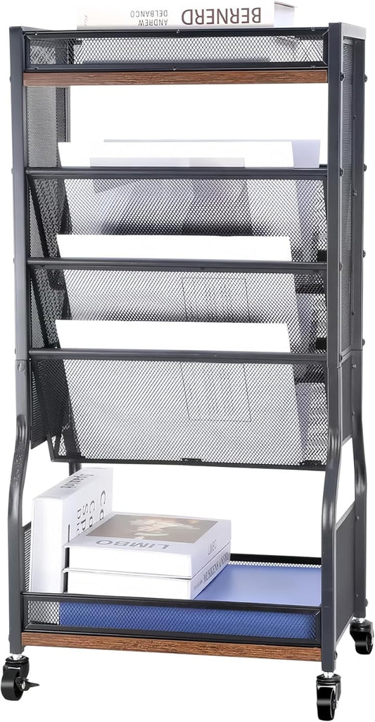 8-Tier Rolling File Cart with Lockable Wheels, Dual-Sided Bookshelf and Storage Racks, Easy to Assemble Space-Saving Utility Organizer for Home, Office, Classroom, School, or Living Room