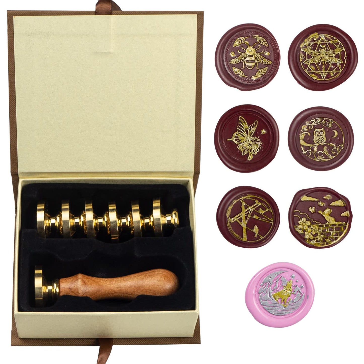 Wax Seal Stamp kit, ANBOSE Animal Wax Seal Stamp Set with 7 PCS Removable Brass Heads and 1 Wooden Handle, Retro Cat Birds Butterfly Bee Owl Sealing Wax Stamp for Cards Invitations
