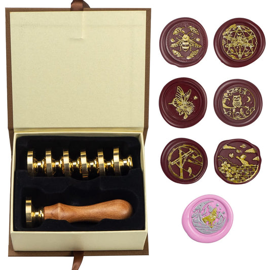 Wax Seal Stamp kit, ANBOSE Animal Wax Seal Stamp Set with 7 PCS Removable Brass Heads and 1 Wooden Handle, Retro Cat Birds Butterfly Bee Owl Sealing Wax Stamp for Cards Invitations