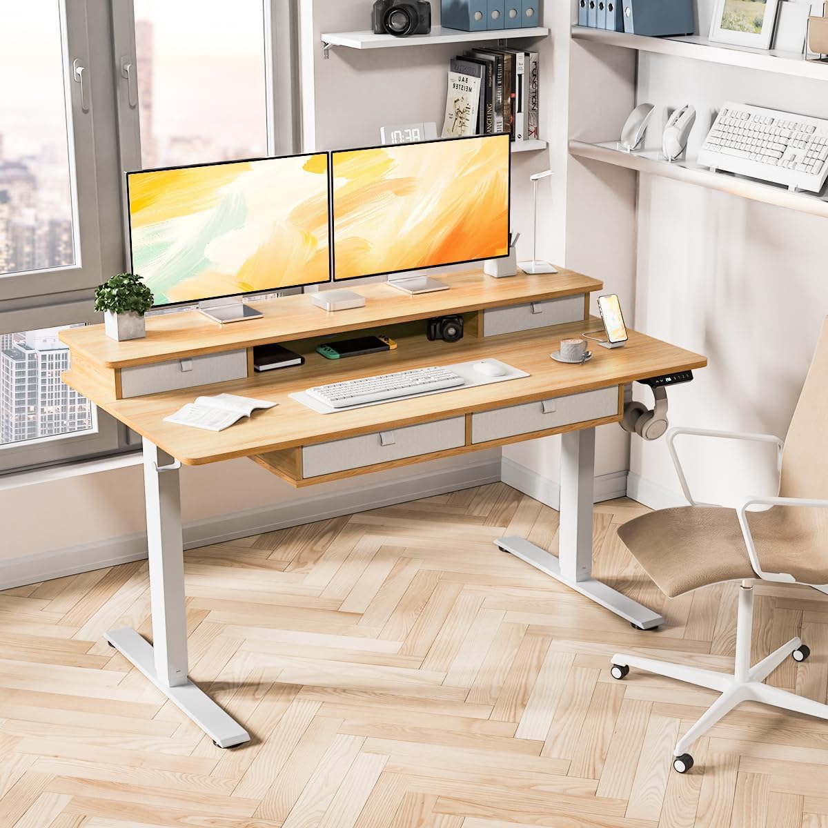 Standing Desk with Fast Charging USB Ports, 55" x 30" Height Adjustable Home Office & Gaming Desk, Sit Stand Desk with Built-in Storage Shelf, Hook & Ergonomic Design(Maple)
