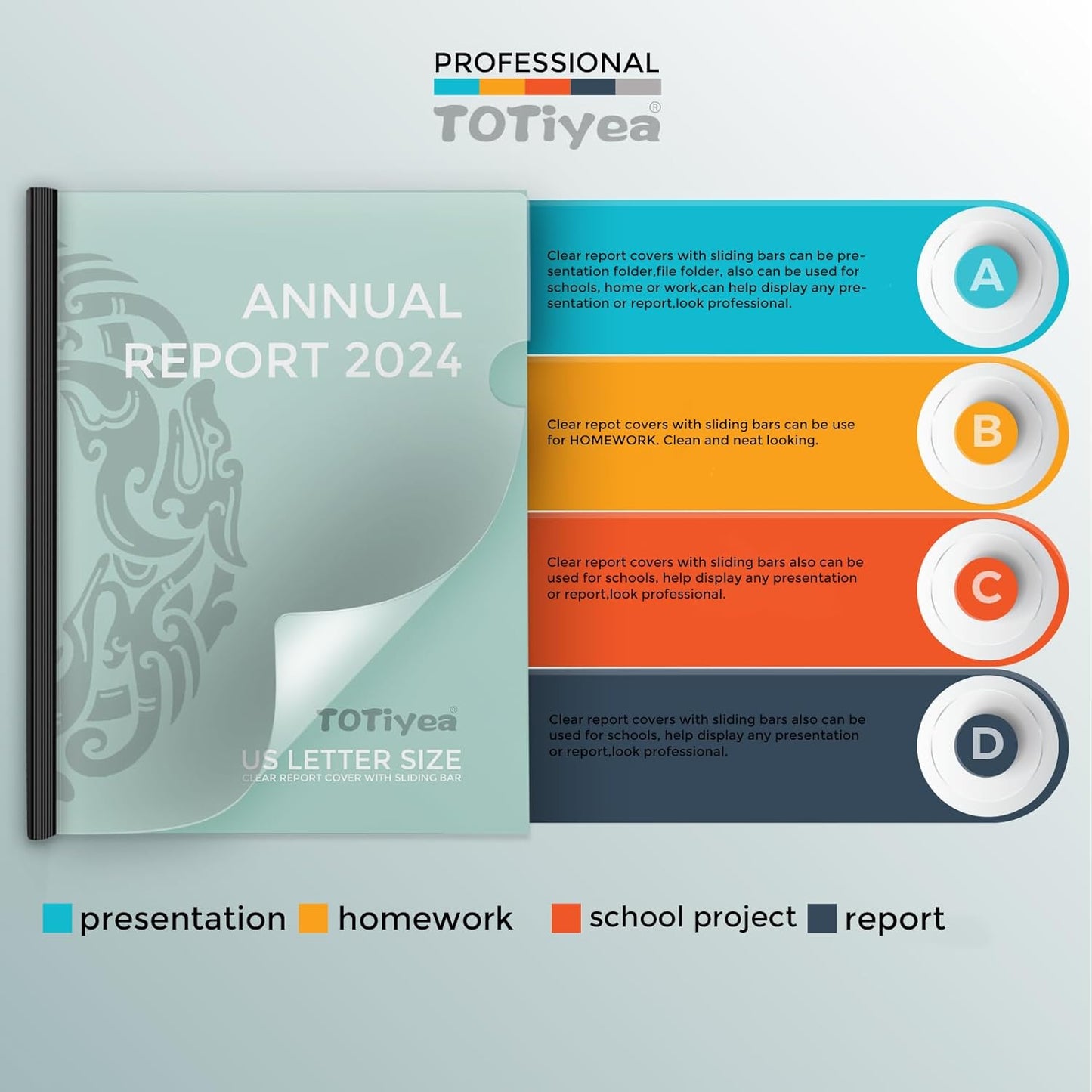 TOTiyea 100 Pack Clear Report Covers with Sliding Bars, 9mm (70 Sheet Capacity) 5 Assorted Colors Sliding Bar File Folders, for Letter Size