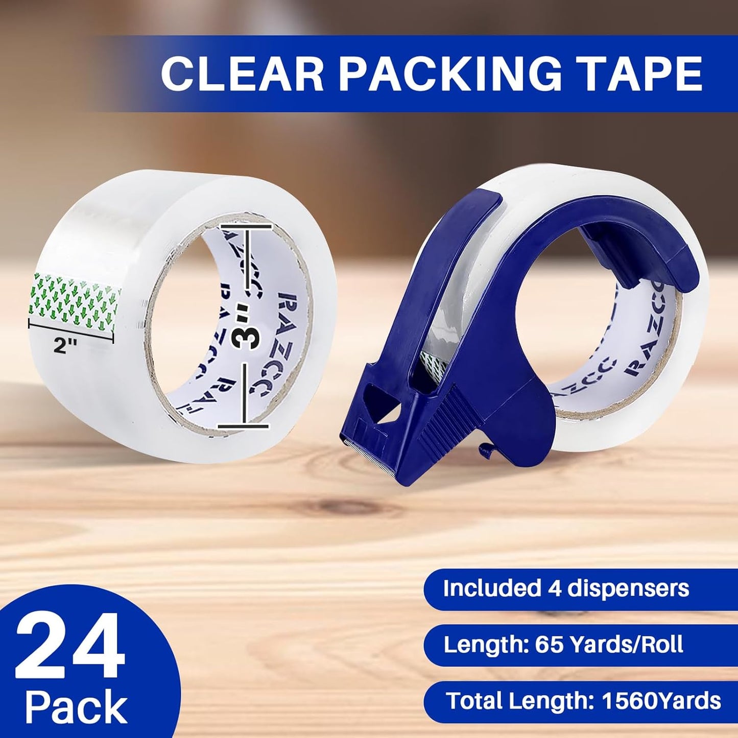 Clear Packing Tape, 24 Rolls Heavy Duty Packaging Tape with Dispensers for Packing Shipping Moving and Sealing, Thicker Packing Tape-2" x 65 Yards Per Roll, 1560 Total Yards