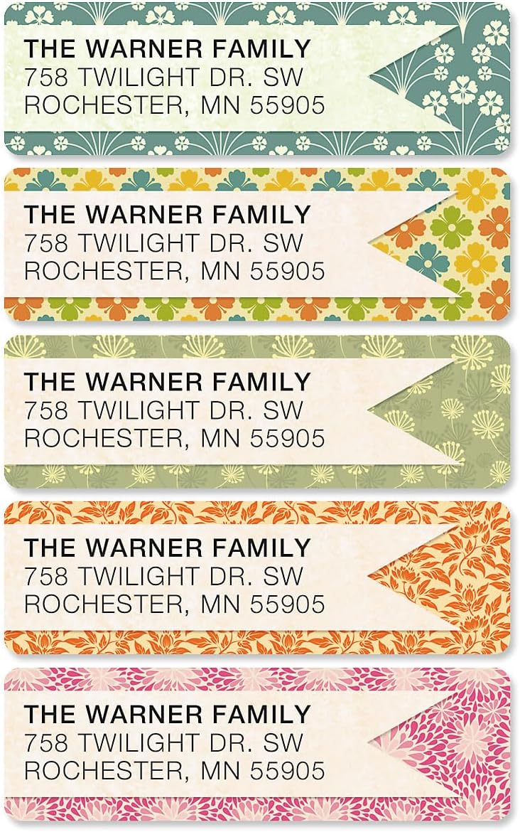 Blossom Banner Rolled Personalized Return Address Mailing Labels with Dispenser, Set of 500, 5 Designs, Small ¾ x 2½ Inch Size, Custom Self-Adhesive Sticker Roll, by Colorful Images