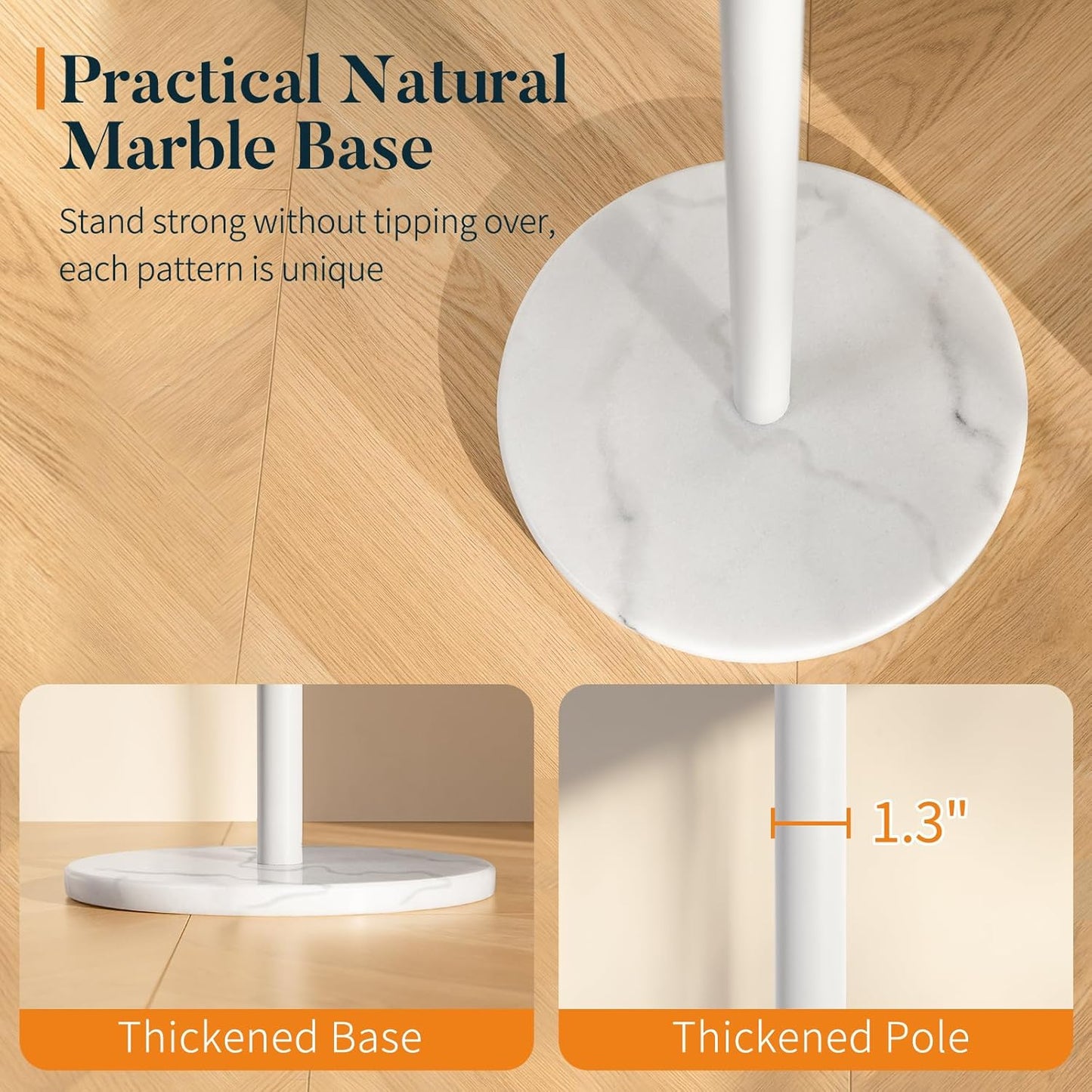 Yoobure Coat Rack Freestanding with Natural Marble Base - Coat Tree with 8 Hooks Heavy Duty Coat Hanger Stand, Metal Coat Rack Stand for Jacket, Hat, Clothes & Bag, Hall Tree Hat Rack for Entryway