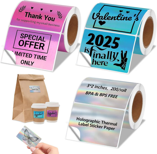 3x2'' Holographic Thermal Labels,3 Rolls Square Label Sticker for Phomemo 241BT for MUNBYN 130B/RW402B Printer,600Pcs Waterproof Label Paper for Address/Logo/Barcode/Price/Thanks