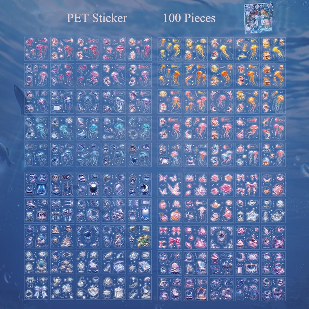 MAFELOE PET Scrapbook Stickers, 100 Sheets of Box Set, Aesthetic Deco Journaling Supplies for Junk Bullet Album Calendars Diary Planner- Crystal& Fantasy Series