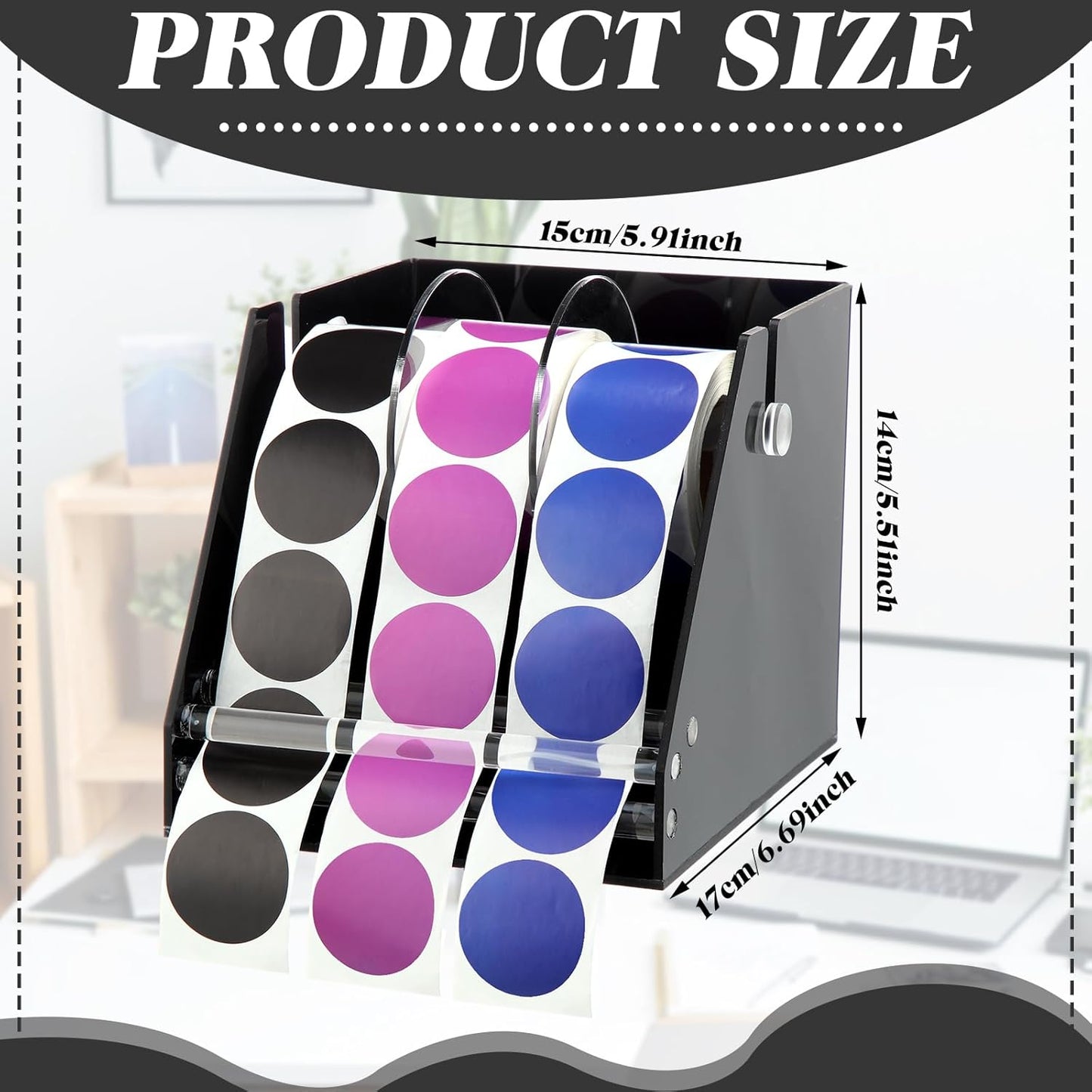 Adjustable Label Dispenser Acrylic Sticker Roll Dispenser Label Roll Holder Multi Use Sticker Holder Organizer Stand for School Gifts and Home Office Desktop (3 Disks)