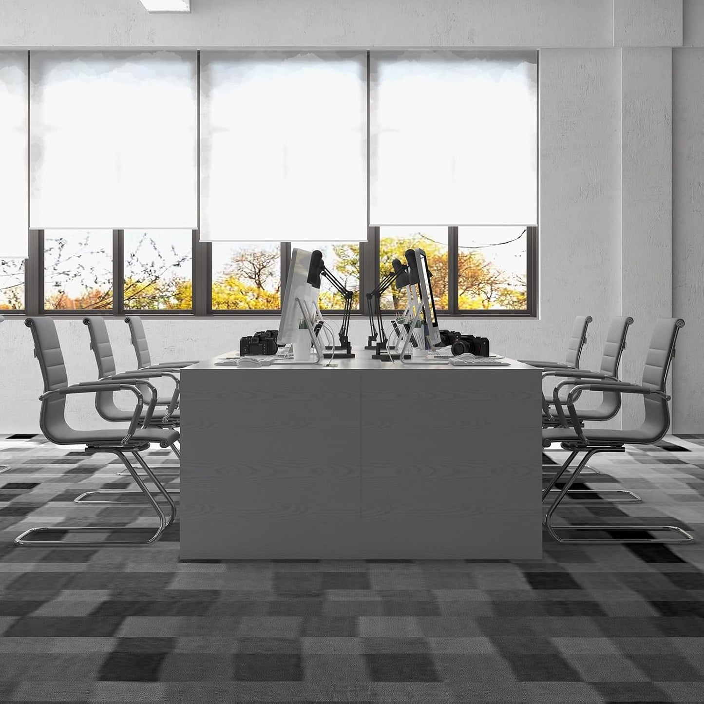 Office Desk Chair No Wheels Set of 4 PU Leather Computer Chairs Mid Back Guest Chairs for School Reception Conference Waiting Room, Grey