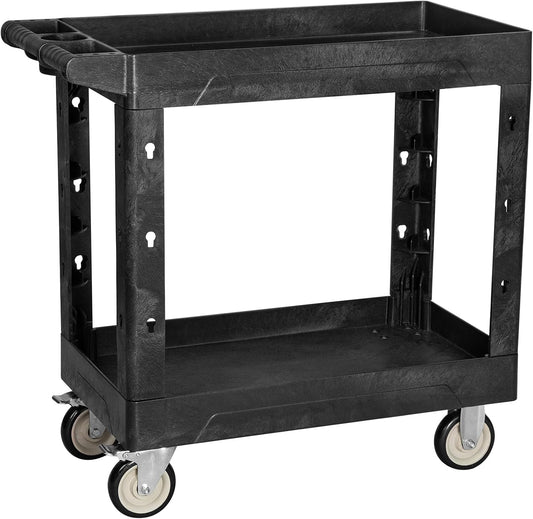 Service Utility Plastic Tool Cart, 34 x 17-Inch Rolling With Deep 2-Shelf, Heavy Duty Wheels, 550 lbs Capacity Organizer for Garage, Warehouse, Workshop