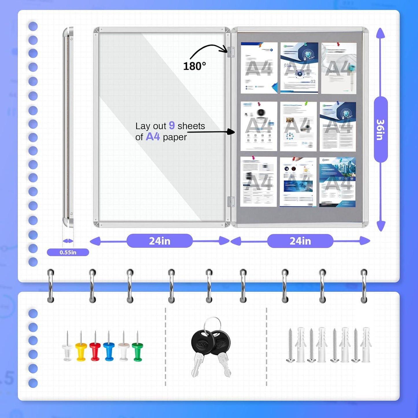 Magula 36"x24" Enclosed Bulletin Board Tamper-Proof Dispaly Case, Aluminium Frame, Shatter Resistant Lockable Bulletin Board, Lockable Noticeboard