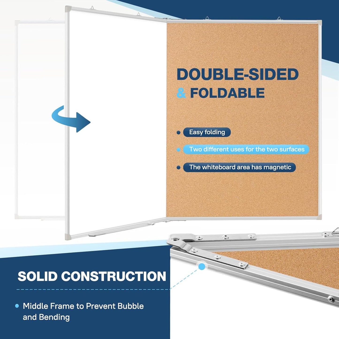 Large White Board Dry Erase Foldable Cork Board Combo, 48" x 36" Double Sided Dry Erase Board for Wall, Magnetic Whiteboard Cork Board Combination for Office, Home, School, Kitchen