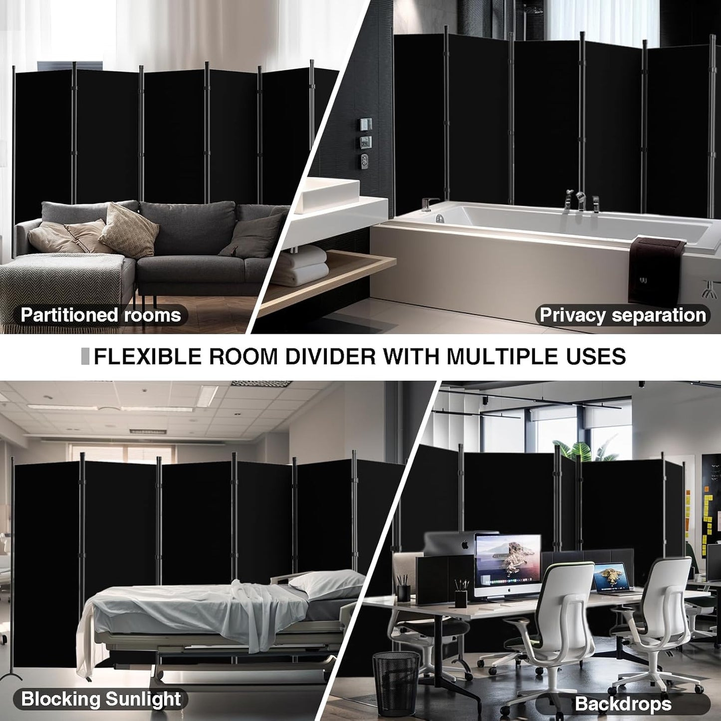 6 Panel Room Divider, 6FT Portable Room Dividers Folding Privacy Screens, 198" W Freestanding Fabric Divider for Room Separation, Partition Room Divider Panel for Dorm Home Studio Office, Black