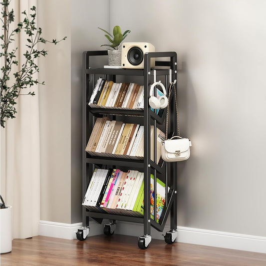 Bookshelf Movable Book Cart Multi-Layer Storage Rack Large-Capacity Rolling Cart L-Shaped Carbon Steel Shelf Suitable for Storing Books, Magazines, Newspapers, Shoes