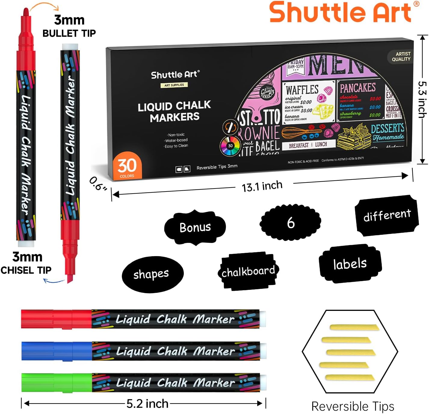 Shuttle Art Chalk Markers, 30 Vibrant Colors Liquid Chalk Markers Pens for Chalkboards, Windows, Glass, Cars, Erasable, 3mm Reversible Fine Tip with Chalkboard Labels for Office Home Supplies
