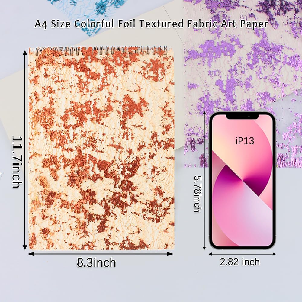 A4 Size Colorful Foil Textured Fabric Art Paper Scrapbooking Decorative, 10 Sheets Sparkle Metallic Lace Mesh for Crafts, Junk Journaling Supplies, Card Making, Collage