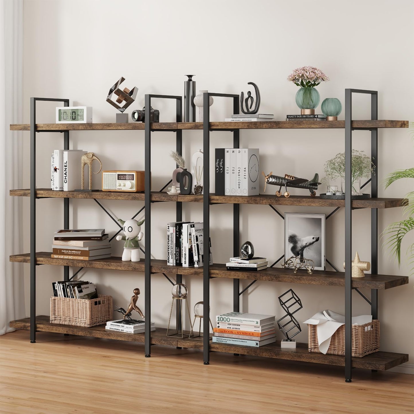 Bookshelf Set, Heavy Duty 4-Tier Industrial Bookcase, 47" Wide Wood Bookshelf for Home Office, 120lbs Shelf Capacity, Rustic Open Display with Horizontal Shelf for Living Room Bedroom