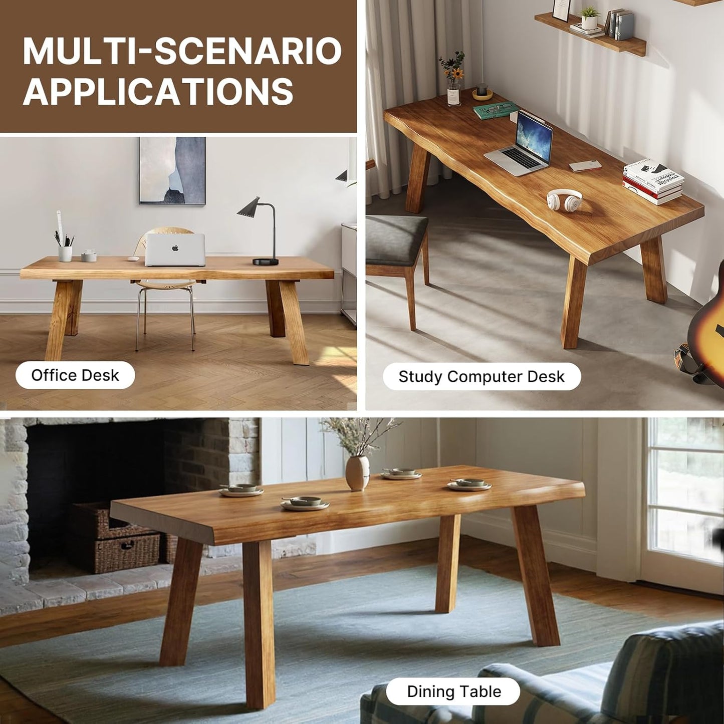 Solid Wood Desk 55 inches, Wood Computer Desk,Home Office Desk Wooden Rustic Writing Desk Modern Simple Design,Ideal for Study, Writing, Dining